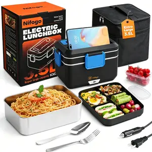 Construction Worker Light Waterless Electric Food Warmer Box 80W Fast Heating Timing Preset Function, Safe SS Tray Full Tableware Insulated Tote for Daily Drive