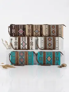 Women's Bohemian Canvas Handbag, Ethnic Geometric Pattern Wristlet Bag, Multi-Functional Zipper Coin Purse, Phone Card Makeup Storage Bag, Phone Wallet Purse