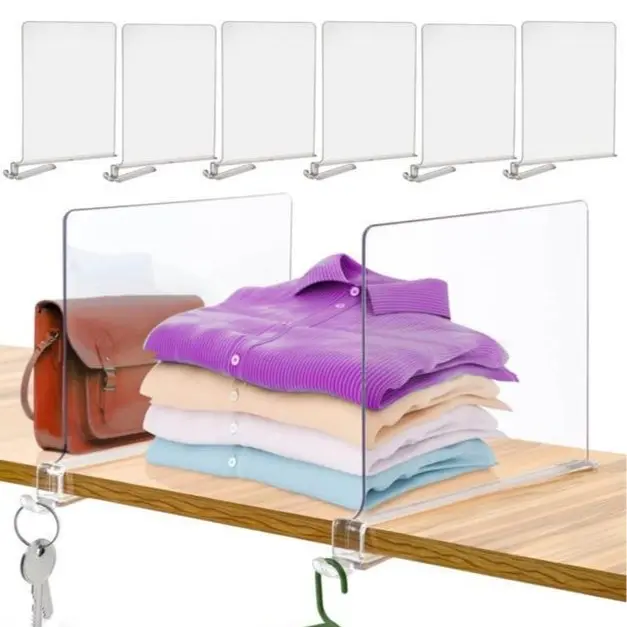 Clear Acrylic Shelf Dividers – Pack of 06 (30x3x23.5cm) - Shelf Organizer for Closet with Hook for Hanging Anything Shelf Divider for Organizing Clothes, Books, Towels and Hats
