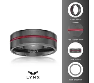 LYNX Men's 8MM Black Zirconium Red Stripe Band Ring