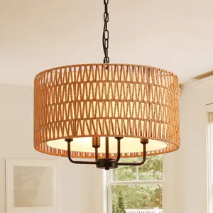 Rattan Farmhouse Chandelier 4 Lights Chandeliers 19.7" Rattan Light Fixture with Drum Woven Shade, Boho Chandelier for Kitchen Island,Entryway,Over Table,Hallway