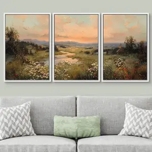 Large Framed Vintage Sunset Landscape Wall Art, Wildflower Meadow River Canvas Print, Romantic Countryside Nature Decor