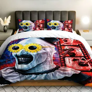 3PCS Duvet Cover Set, 1 Duvet+2 Pillowcases(Without filler), Clown Mask Movie Art Horror theme, Halloween bedding set, Scary Horror Design Suitable for decoration Bedroom Living Room Guest Room Lounge.
