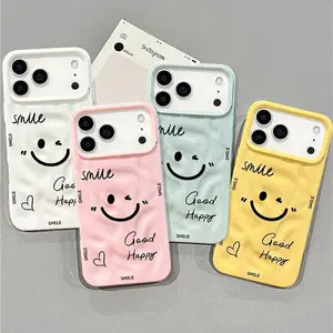 Smiley face pattern, wrinkle textured phone case | Cute and soft pastel colors, all-around drop protection with lens cover, compatible with iPhone 17/16/15/14/13/12 Pro Max, fast shipping within the US.