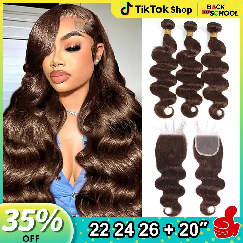 summervibes 10A Light Brown Body Wave Human Hair Bundles with Lace Closure  grossy hair bundles with closure Raw human hair bundles with Frontal Brazilian Virgin Hair 3 Bundles with Lace frontal with Baby Hair