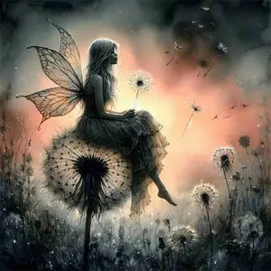 Mystical Winged Fairy Sitting On Fluffy Dandelion Blowing Seeds Dreamy Twilight Glow Sky Sparkling Magical Night Scene 5D Full Round Square Diamond Painting Fantasy Elf Girl Art DIY Cross Stitch Elegant Aesthetic Bedroom Living Room Home Wall Art Decor