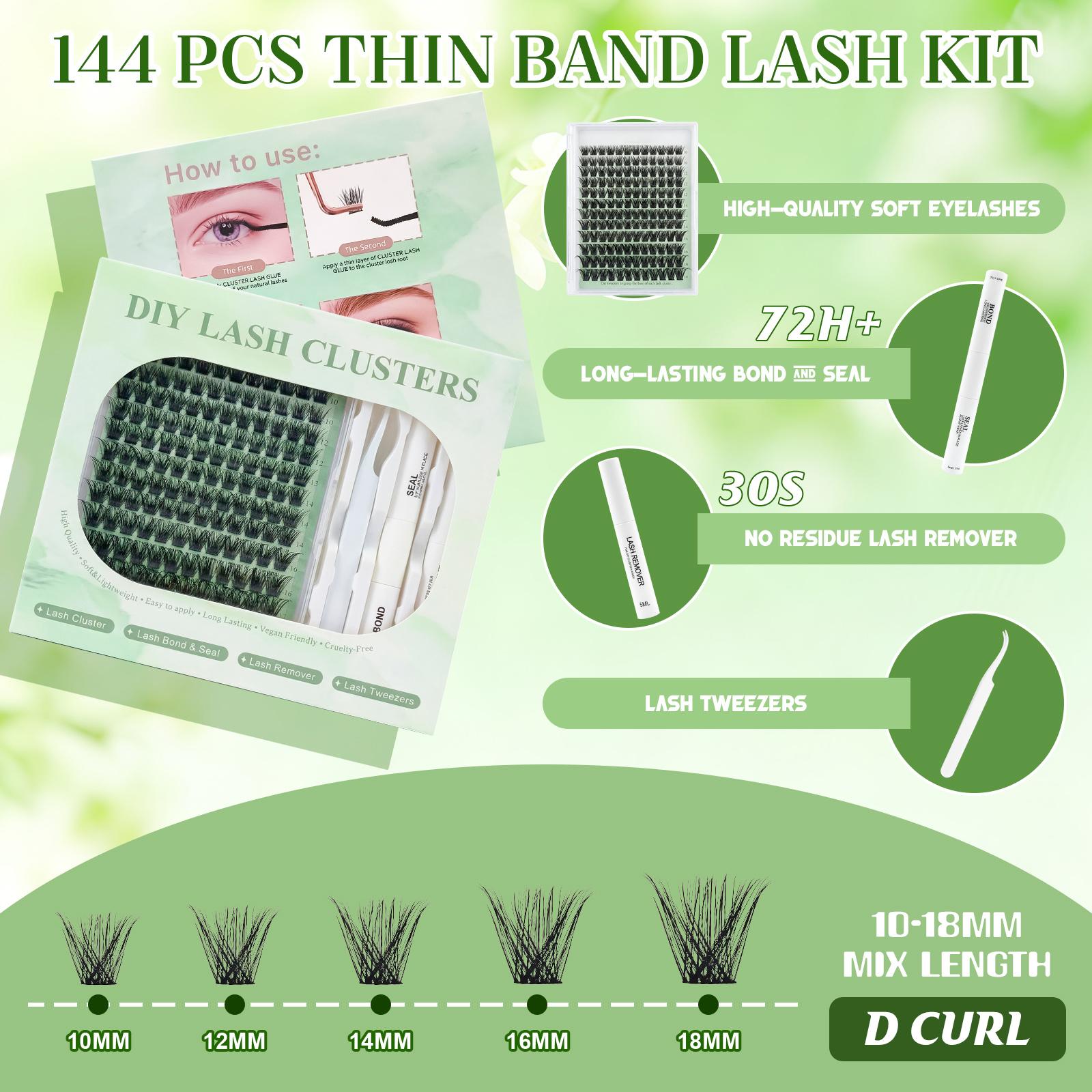 Lash Clusters DIY Eyelash Extensions 144 Clusters Lashes D Curl Natural Individual Lash Extensions with Waterproof Strong Hold Bond&Seal, Remover, Tweezers Mixed Tray False Eyelashes Soft & Strong Thin Band DIY at Home (10-18mm) Makeup Cosmetic
