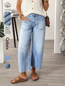 SummerVibes,Women's Denim Capri Jeans, Light Wash Blue, Loose-Fit, Button Fly, Mid Waist, Pocket Design, Casual Style, All-Season Wear