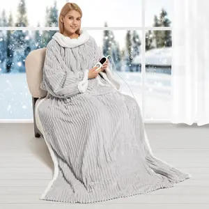 Electric Blanket Heated Throw, Soft Flannel & Sherpa Wearable Heated Blanket with Sleeves, Heating Wearable Blanket with 6 Heating Levels & 12H Auto Off, ETL Certified,  Office Use 52x72 Inch Grey