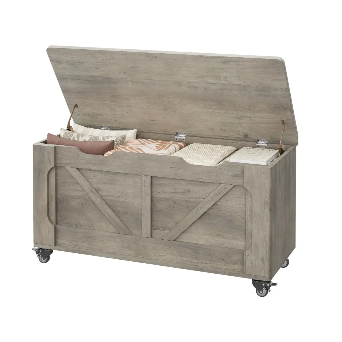 Storage Chest, Wooden Storage Bench with 4 Wheels, 39.4" Storage Trunk with 2 Safety Hinges, Supports 350 Lbs, Round Corner, U-Shape Cutout, for Entryway, Living Room