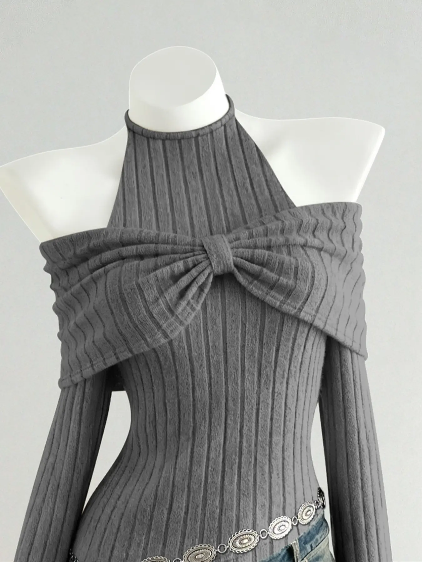 Women's Fuzzy Fluffy Knit Asymmetrical Hem Bow Tie Design Sweater, Casual Elastic Fitted Pullover for Fall Winter, Stylish Shoulder Cut Out Top Knitwear, Womenswear