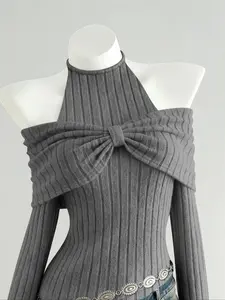 Women's Fuzzy Fluffy Knit Asymmetrical Hem Bow Tie Design Sweater, Casual Elastic Fitted Pullover for Fall Winter, Stylish Shoulder Cut Out Top Knitwear