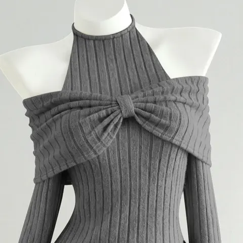 Women's Asymmetrical Hem Bow Detail Top, Casual Tie Back Cold Shoulder Pullover for Fall & Winter, Stylish Solid Color Womenswear