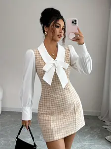 A women's fashionable Elegant apricot white color blocked coarse tweed bow dress, the coarse tweed adds texture, and the bow adds sweetness, suitable for commuting to work, shopping and playing indoors and outdoors