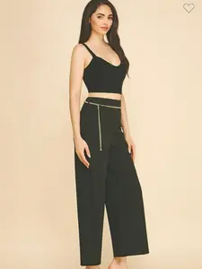 Jersey Faux Gold Chain Cropped Straight Wide Leg Pants