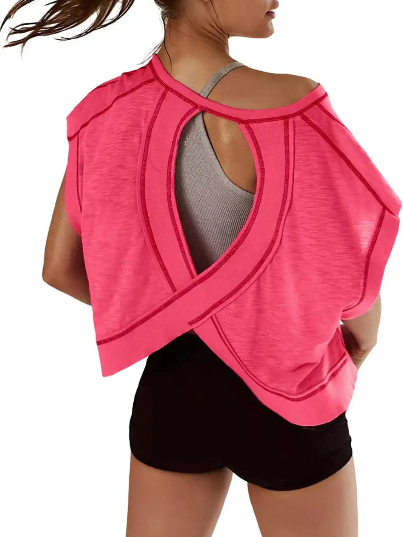 Women's Sporty Hoodie Round Neck Loose Fit Casual Sports T-Shirt, Backless Hollow Design, Pure Color Skin-Friendly Yoga Wear, Backless Gym Clothes, Casual Sport Top
