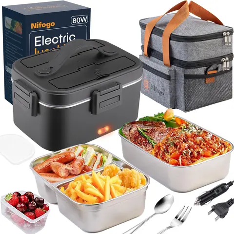 1.8L 80W Electric Thermal Lunch Box - Insulated Self-Heating Lunchbox with Efficient Heating, 12V/24V/110V Compatibility, High-Capacity Food Storage for Adults, Tableware & Lunch Bag for Work, Car Trips, Home
