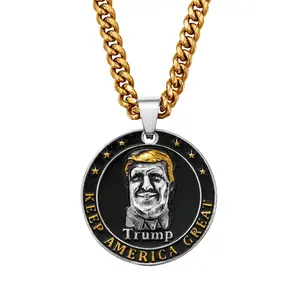 Trump-themed Gold Cuban Link Necklace with 5cm Round Trump Portrait Pendant Keep America Great Design Patriotic Fashion Statement Piece Gold Color Finish