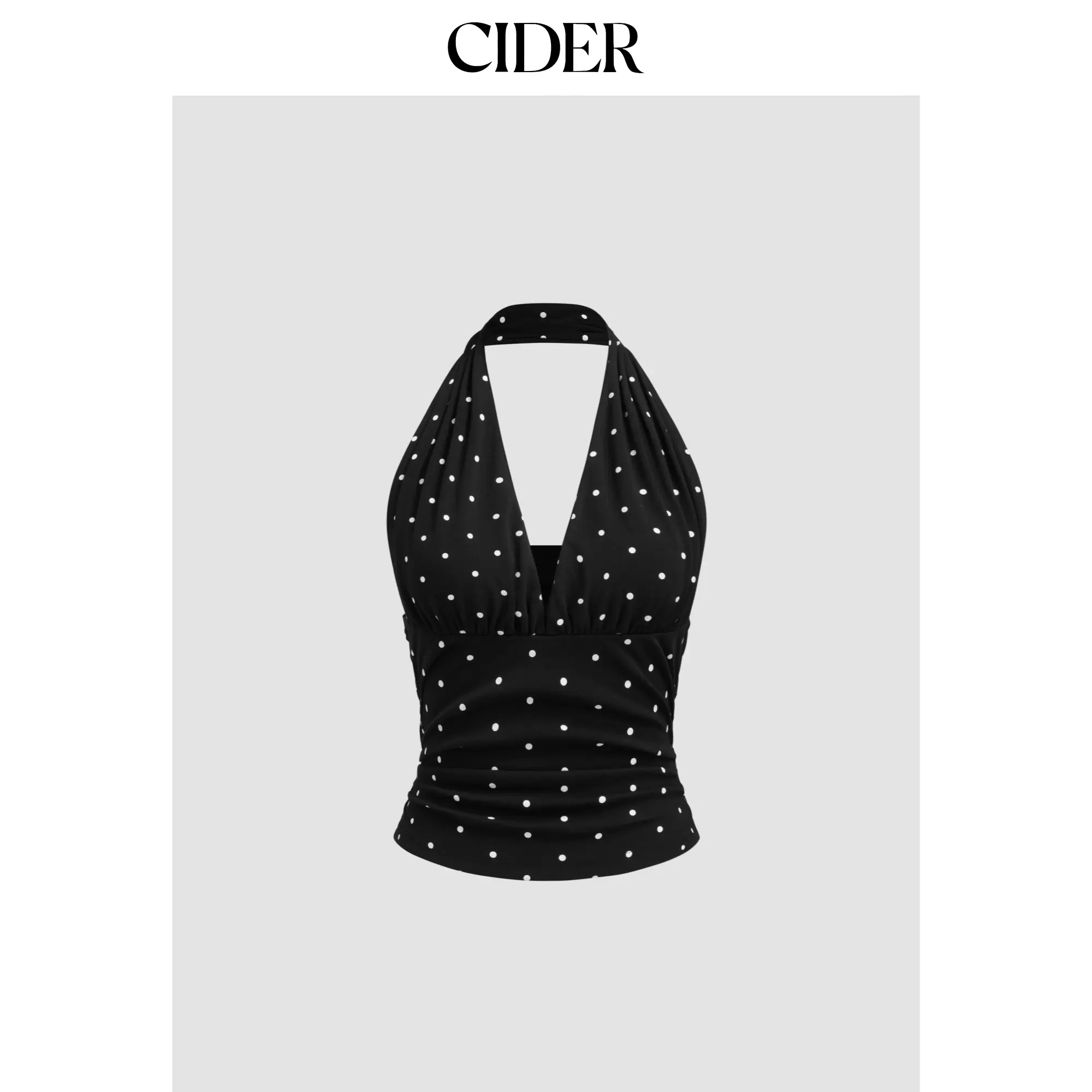 Cider Cotton-blend Halter Cowl Neck Polka Dot Ruched Top