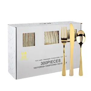 300 Count Gold Plastic Silverware Disposable Gold Cutlery, Silverware Set Includes 100 Forks, 100 Spoons, 100 Knives