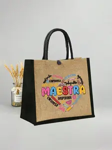 Maestra Theme Tote Bag and Makeup Pouch Set, Large Capacity Linen Shopping Bag, Heart Pattern, Cosmetic Organizer, Casual All-Season Style