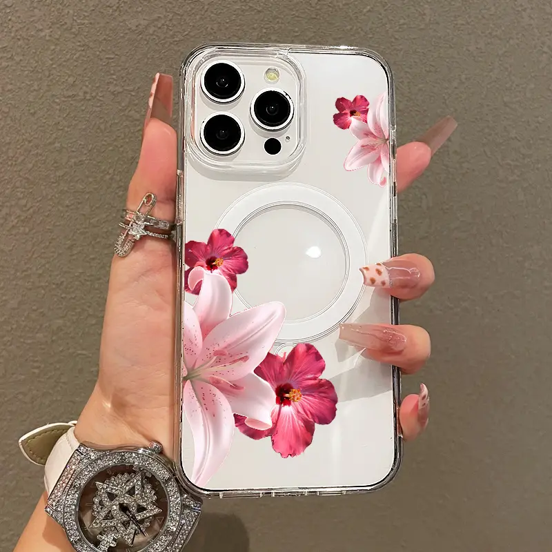 Aesthetic Soft Girl Magnetic Phone Case for iPhone 11/12/13/14/15/16/17-Pro Max, Pink Lily Hibiscus, Lightweight, Drop-Proof, MagSafe Compatible Mobile Phone Accessories for Teen Girls
