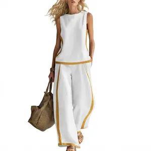 2026 Linen Blend Two Piece Set for Women Sleeveless Color Block Top Wide Leg Pants Set Casual Summer Outfit # LinenSet # WideLegPants # ColorBlock # SummerOutfit # BohoFashion # CasualWear # Outfit of the Day # WomensFashion