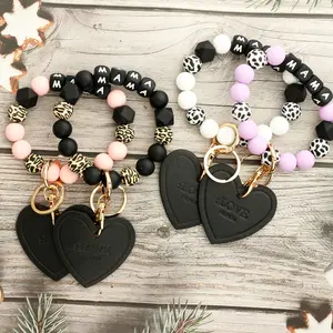 2026 Mother's Day Gift Personalized Customization Leopard Pattern Love MAMA Wooden Bead Bracelet Keychain Silicone bead bracelet