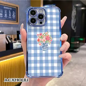 Designed for iPhone 16 E Pro Max 15 Plus 14 13 12 11 XS XR Blue Gingham Chinoiserie Vase Print Coquette Vintage Style Shockproof Lightweight Protective Cover
