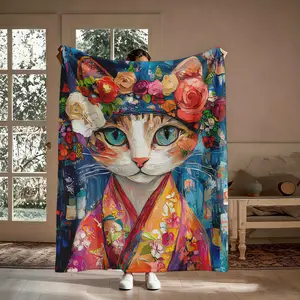 Vibrant Floral Cat Flannel Throw Blanket, Soft Warm Colorful Art Cat Print Blanket, Cozy Blanket for Sofa Bed, Cute Gift for Cat Lovers