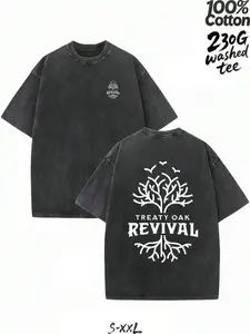 230G Washed Pure Cotton T - Shirt, Casual Fashion, With White 'Treaty Oak Revival' Graphic Print, Outdoor Sports T - Shirt |   Loose Fit |   Soft Knitted T - Shirt
