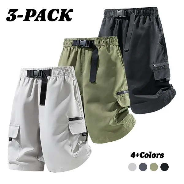 Men's 3-Pack Clip Waist Cargo Shorts - 5-in Inseam, 3D Storage Pockets, Quick-Dry Fabric, Street Style, Belt with Smooth Buckle, Basic Outfits Everyday Bottoms, Classic, Loose, Menswear
