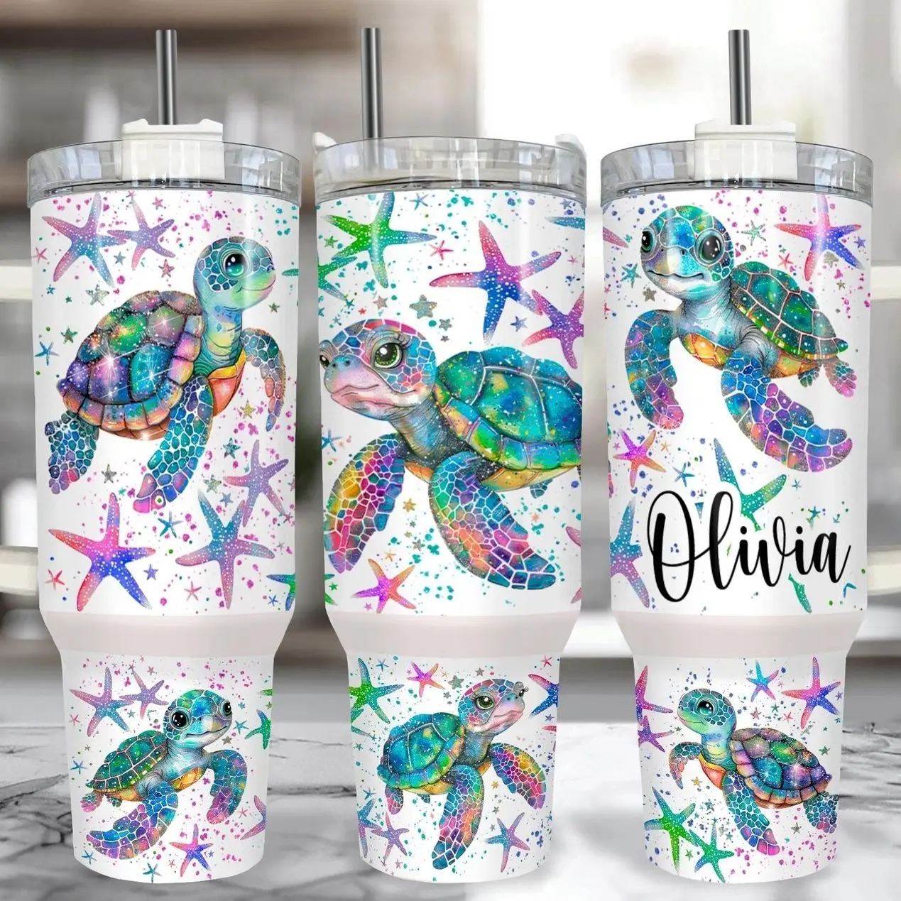 Sea Turtle 40 oz Tumbler With Handle | Personalized Sea Turtle Gift for Her | Cute Turtle Beach Cup with Straw | Sea Turtle Travel Mug