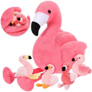18 Inches Flamingo Stuffed Animal with 4 Babies Plush Toys Inside Zippered Tummy Pink Mommy Flamingo Toy Stuffed Animals for Birthday Party Decoration