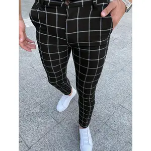 Elegant Plaid Slacks, Men's Casual Vintage Style Slightly Stretch Dress Pants, Old Money Style