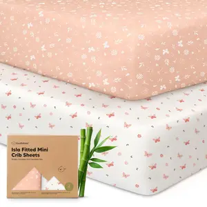 Pack and Play Fitted Sheets 2-Pack Mini Crib Sheets for Pack N Play 38x26 Mattress Soft Cozy Neutral Toddler Playard Bedding Snug Fitted Mini Baby Crib Mattress Cover for Boy Girl Butterflies