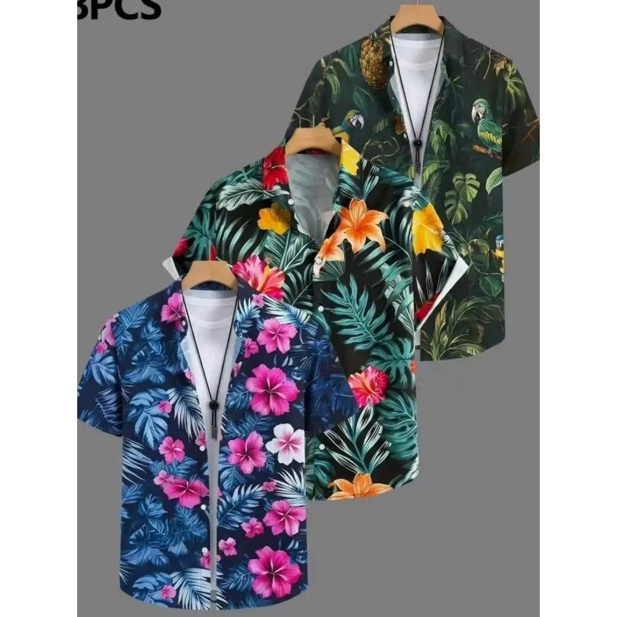 3-Piece Men's Tropical Hibiscus Parrot Hawaiian Set, Matching Shirt and Shorts, Casual Summer Beach Outfit