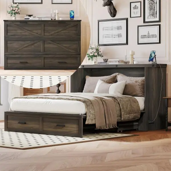 Queen Size Farmhouse Murphy Cabinet Bed with Charging Station & Storage Drawer, Foldable Platform Bed for Guest-Room, Small Bedroom, Rustic Gray