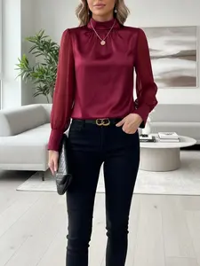 Elegant Women's Satin Stand Collar Long Sleeve Chiffon Shirt, Fashion Office Blouse, Versatile Daily Wear for Fall Winter Spring