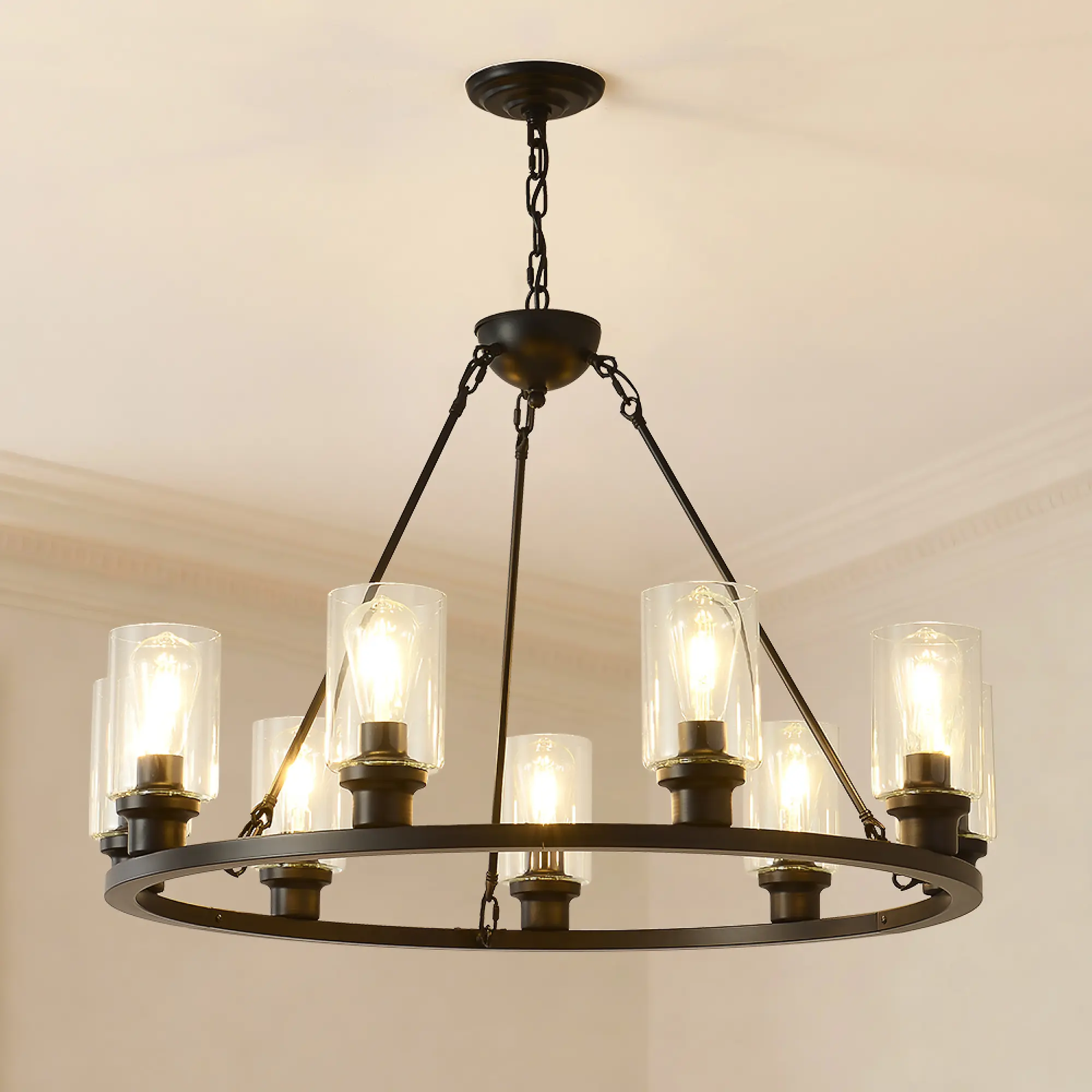 9-Light Matte Black Metal & Wood Wagon Wheel Chandelier, Indoor Ceiling Decorative Light Fixture for Dining Room, Kitchen, Photos & Hosting
