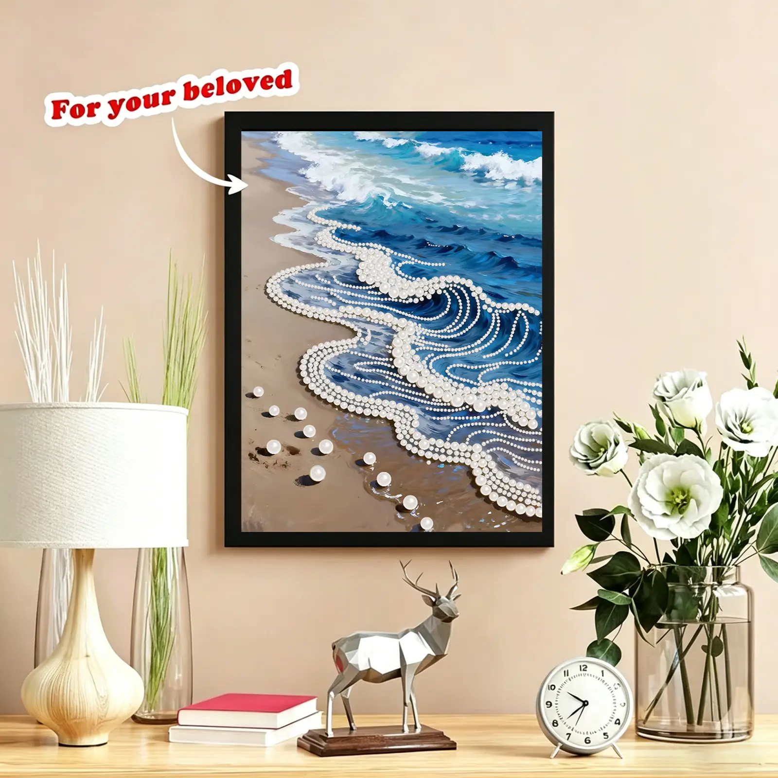 DIY Pearl Diamond Painting Light Blue Sea Wave Landscape Crystal Diamond Wall Hanging Art