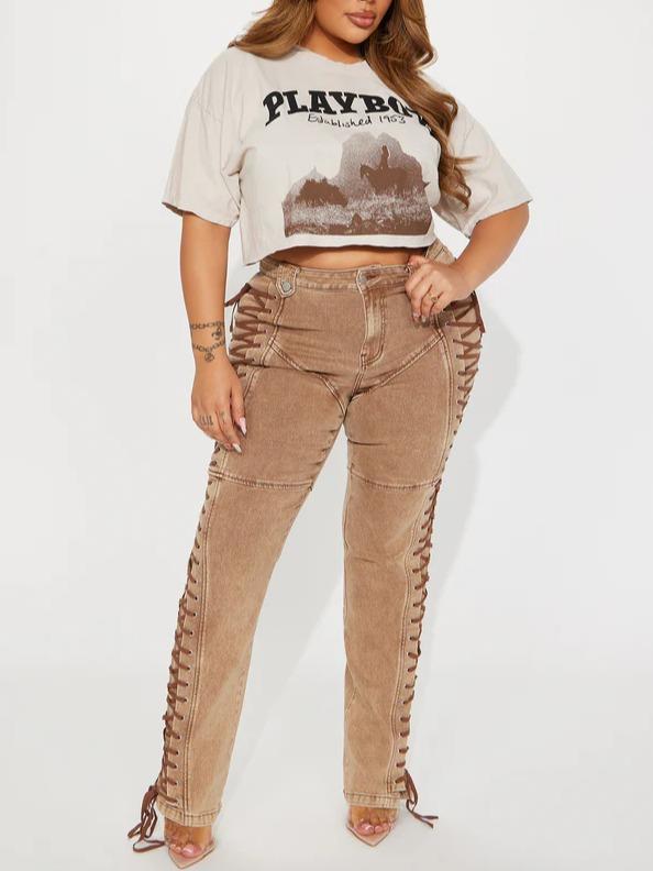 Women’s Lace-Up Flare Pants – High Waist Vintage Stretchy Bell Bottom Jeans