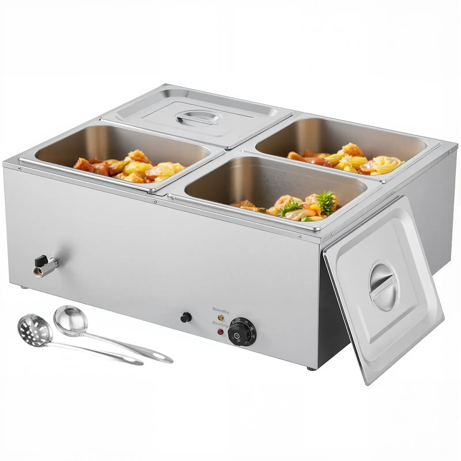 【DealsForYouDays】VEVOR M-1222 1500W Stainless Steel Fast Heating Electric Steam Cooker Food Steamer Countertop Unit, 4x1/2-Size Pans with Lids, Soup & Perforated Ladles, 27.95 x 22.36 x 11.02 in, 35.94 lbs, Drain Valve, Dry-Burn Stop Function for Catering