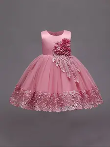 Girl's Faux Pearl & Bow Decor Appliques Fit and Flare Dress, Elegant Romantic Round Neck Sleeveless Party Dress for Party Holiday, Kids Summer Clothes