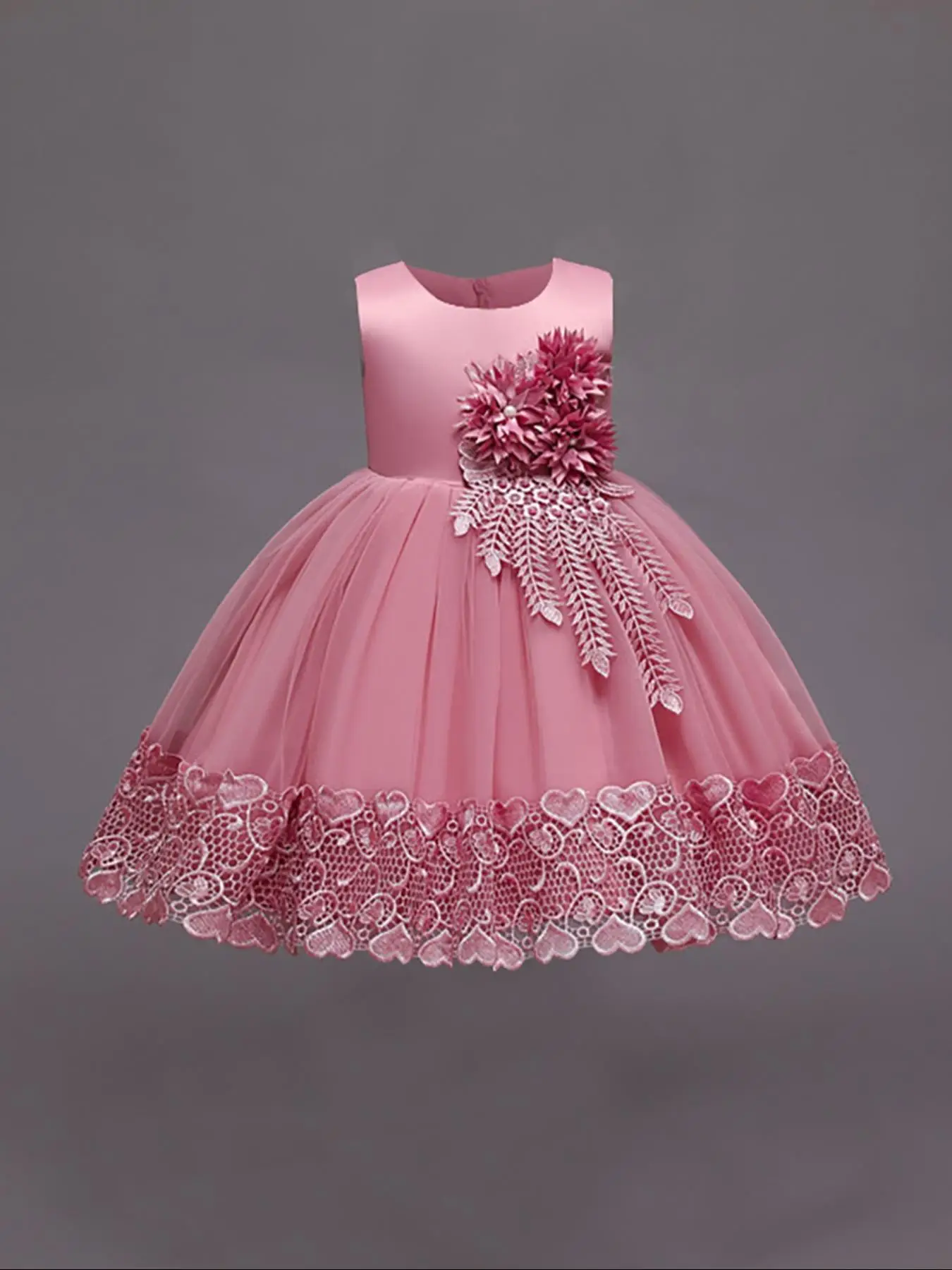 Girl's Faux Pearl & Bow Decor Appliques Fit and Flare Dress, Elegant Romantic Round Neck Sleeveless Party Dress for Party Holiday, Kids Summer Clothes