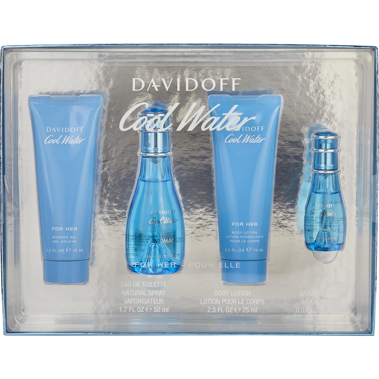 Cool Water Set-Edt Spray 1.7 Oz & Body Lotion 2.5 Oz & Shower Gel 2.5 Oz & Edt Spray 0.5 Oz Mini For Women