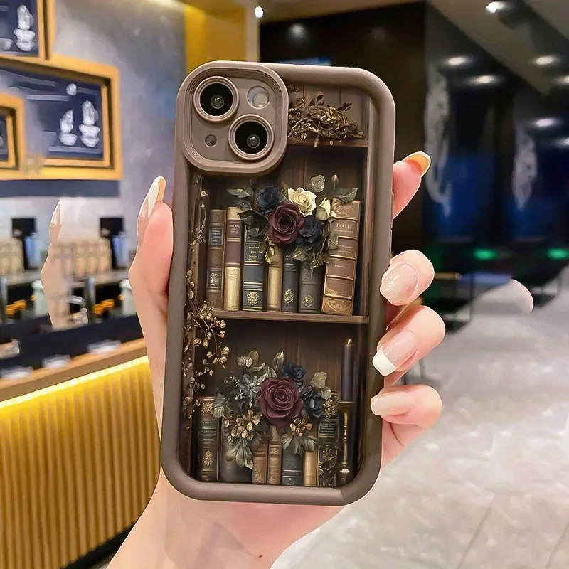 Vintage Bookshelf Book Flower Pattern TPU Phone Case - Smartphone/Cellphone Casing for Handheld Devices, Compatible with iPhone 17 Pro Max 16 16e 15 14 Plus 13 12 Mini 11 Air X XS, 2D Printing, Lens Protection, Durable Soft Cover Gift