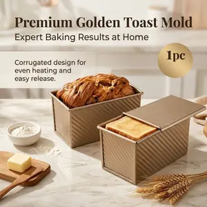 Golden Corrugated Toast Mold with Lid, Non-Stick Carbon Steel Loaf Pan for Even Heat Distribution & Easy Release, Professional Home Baking Tool for Bread & Pastry Making