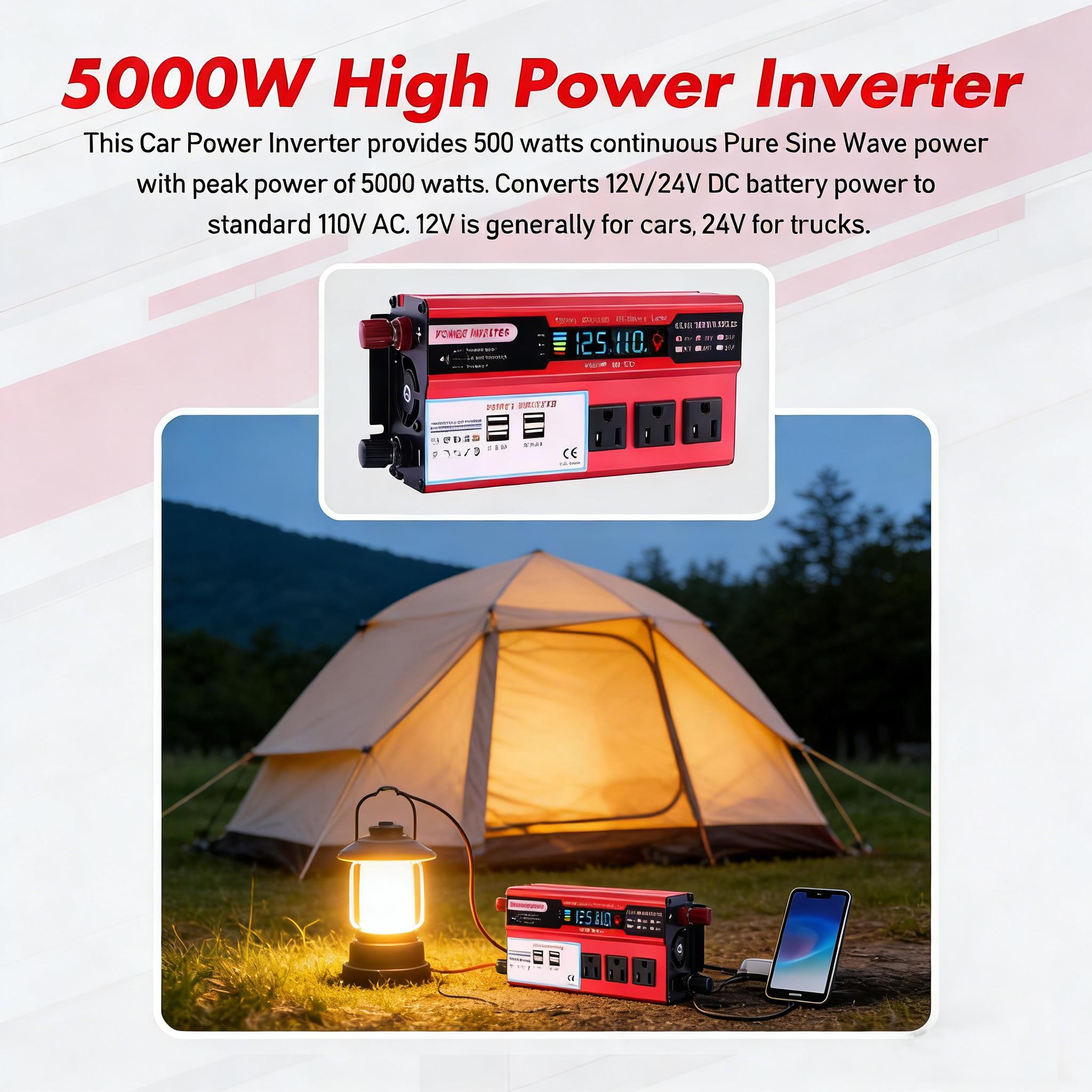 Premium 12V to 24V Pure Sine Wave Inverter 5000W Continuous 4000W Peak Dual AC Sockets USB Port Hardwire Remote for RV Truck Off Grid Solar Power Station Vehicle Power Backup for Camping & Travel