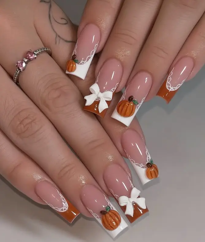 Cute Fall Pumpkin Press On Nails Brown French Tip White Bow Lace Long Square Fake Nails Autumn Thanksgiving False Nails Reusable Acrylic Stick on Nails for Women